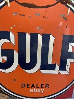 Gulf Dealer Service Station 6 Pieds. Plaque De Porcelaine Métallique Double Côté Deux Côtés