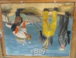 Huile Vintage 1940 Peinture Seascape Double Face Avec Fisher Signés Pêcheurs