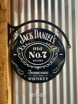 Jack Daniels Énorme Enseigne En Métal D'étain Avec Hangar Double Côté Barre Homme Grotte