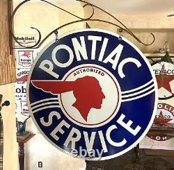 Large Vintage''pontiac Service'' Double Sided Avec Bracket & 30 Signal Porcelaine