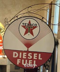Large Vintage''texaco Diesel'' Double Sided 30 Pouces Signal De Porcelaine Avec Bracket