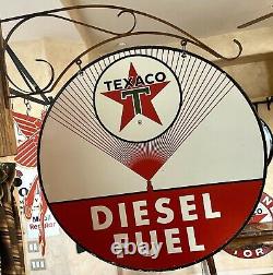 Large Vintage''texaco Diesel'' Double Sided 30 Pouces Signal De Porcelaine Avec Bracket