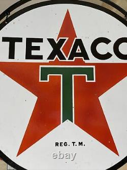Large Vintage''texaco'' Double Sided Avec Bracket & Signal De 30 Inch Porcelaine