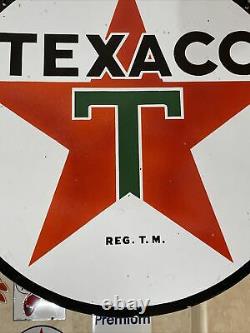 Large Vintage''texaco'' Double Sided Avec Bracket & Signal De 30 Inch Porcelaine