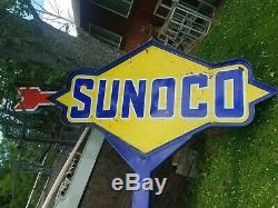 Oil Service Vintage Sunoco Station Essence Double Face Signe Porcelaine Pole