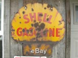 Old Gas Vintage Original Shell Station Double Face Porcelain Signe Damaged 25