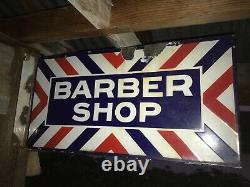 Old Original Vintage Porcelain Barber Shop Double Sided Flange Sign Rod Shop