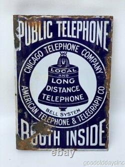 Original Antique Porcelaine Double Sided Publicité Signe Téléphone Booth Chicago
