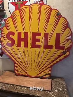 Original & Double Sided''shell Shark Dent'' Porcelaine Enseigne De Distributeur 47x47 Pouces