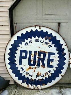 Original Rare Vtg 40s Pure Oil Gas Station Double Sided Porcelaine Sign Ring 60