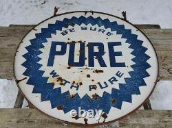 Original Rare Vtg 40s Pure Oil Gas Station Double Sided Porcelaine Sign Ring 60