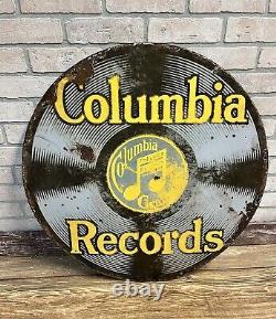 Original Vintage Columbia Records 28 Porcelaine Panneau Publicitaire À Double Face