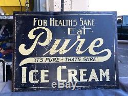 Original Vintage Eat Pure Ice Cream Métal Peint Double Face Adverising Signe