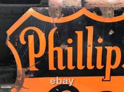 Original Vintage Phillips 66 Double Face Porcelain Flat Top Sign Essence Oil Old