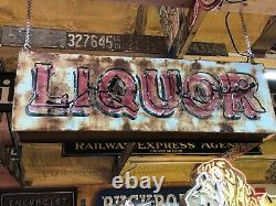 Ouf! Vintage Liquor Double Côté Neon Signer Antique Patina Pub Bar Mancave Tavern