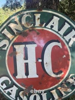 PLAQUE EN PORCELAINE VINTAGE LG HC SINCLAIR OIL GAS 48x48 POUCES DOUBLE FACE RARE