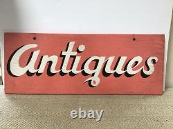 Panneau ANTIQUES vintage double face en bois peint 26 X 10 environ 1950