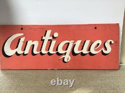 Panneau ANTIQUES vintage double face en bois peint 26 X 10 environ 1950