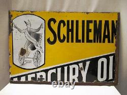 Panneau D'affichage De Porcelaine Vintage Schliemann's Mercury Brand Oil Enamel Double Face