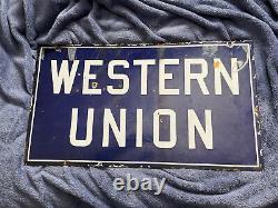 Panneau De Porcelaine À Double Face Western Union Des Années 1950
