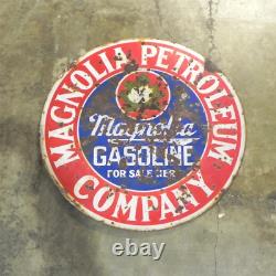 Panneau Vintage de la Compagnie Magnolia Petroleum Magnolene Double Face en Porcelaine Huile Gaz