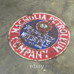 Panneau Vintage de la Compagnie Magnolia Petroleum Magnolene Double Face en Porcelaine Huile Gaz
