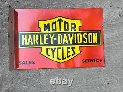Panneau d'émail Harley Davidson en porcelaine rare de 24x16 pouces double face avec flasque.