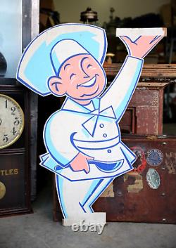Panneau de bar en bois vintage avec chef cuisinier boucher double face et chapeau de chef