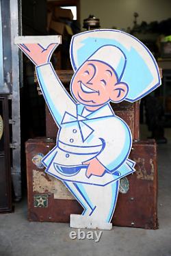 Panneau de bar en bois vintage avec chef cuisinier boucher double face et chapeau de chef