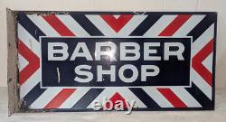 Panneau de barbier antique rare en relief émaillé à double face avec flasque 24 par 12 pouces