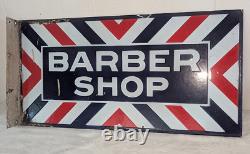 Panneau de barbier antique rare en relief émaillé à double face avec flasque 24 par 12 pouces
