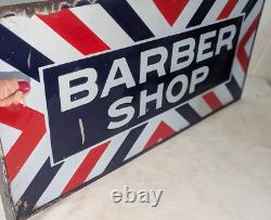 Panneau de barbier antique rare en relief émaillé à double face avec flasque 24 par 12 pouces