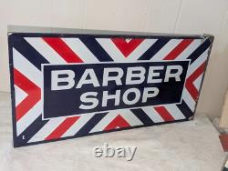 Panneau de barbier antique rare en relief émaillé à double face avec flasque 24 par 12 pouces