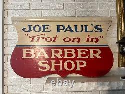 Panneau de barbier en bois double face signé 'Vintage Joe Paul's Trot On In'