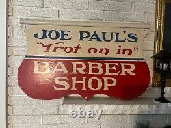Panneau de barbier en bois double face signé 'Vintage Joe Paul's Trot On In'