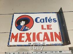 Panneau de café en porcelaine antique originale Cafés Le Mexicain double face