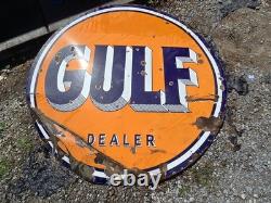 Panneau de concessionnaire Gulf des années 1940 en porcelaine, grand et double face, original