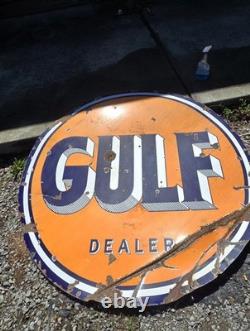Panneau de concessionnaire Gulf des années 1940 en porcelaine, grand et double face, original