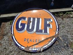 Panneau de concessionnaire Gulf des années 1940 en porcelaine, grand et double face, original