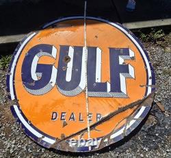 Panneau de concessionnaire Gulf des années 1940 en porcelaine, grand et double face, original
