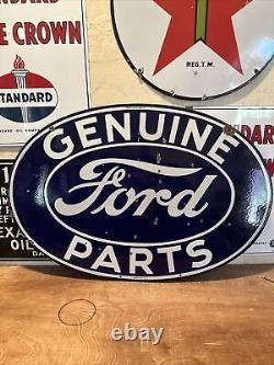 Panneau de concessionnaire en porcelaine 'Ford Genuine Parts' original à double face 16,5x24 pouces.