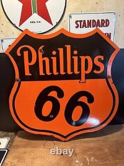 Panneau de concessionnaire en porcelaine 'Phillips 66' double face original 29,5x29,5 pouces