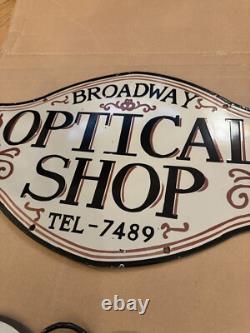 Panneau de lunettes de magasin optique vintage en porcelaine rare à deux pièces double face