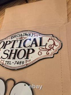 Panneau de lunettes de magasin optique vintage en porcelaine rare à deux pièces double face