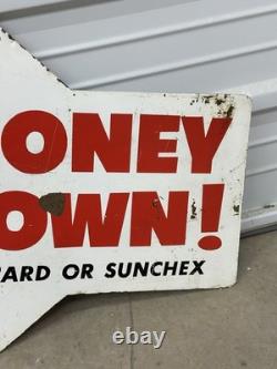 Panneau de station-service en métal double face Vintage SUN OIL NO MONEY DOWN pour pneus ANCIEN PANCARTE