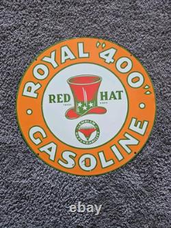 Panneau de station-service en porcelaine double face Vintage Red Hat Royal 400 Essence 24