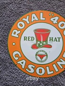 Panneau de station-service en porcelaine double face Vintage Red Hat Royal 400 Essence 24