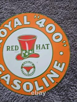 Panneau de station-service en porcelaine double face Vintage Red Hat Royal 400 Essence 24