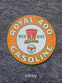 Panneau de station-service en porcelaine double face Vintage Red Hat Royal 400 Essence 24