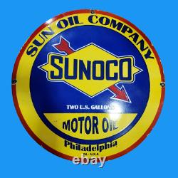 Panneau émaillé d'huile moteur Sunoco en porcelaine taille 30x30 pouces double face